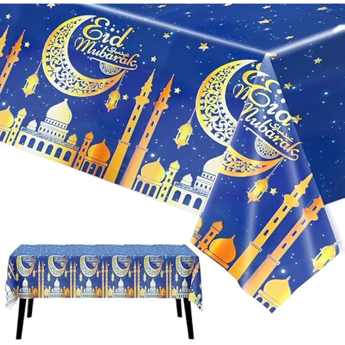 Bandai BLUE EID MUBARAK TABLE CLOTH108X54 INCH, PACK OF 3 | EID MUBARAK TABLE COVER FOR EID DECORATION FOR HOME | EID MUBARAK DECORATIONS, ISLAMIC DECORATIONS FOR TABLE | EID AL ADHA DECOR - Image 1